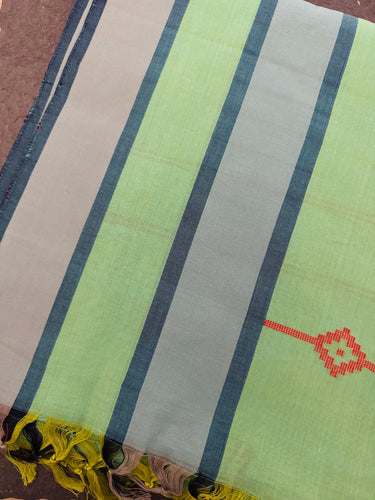 ShopNaya Exclusive | Handwoven | Pure Cotton Saree | Jamdani Weave | No Blouse | Light Lime Green | No Zari | Ships from California